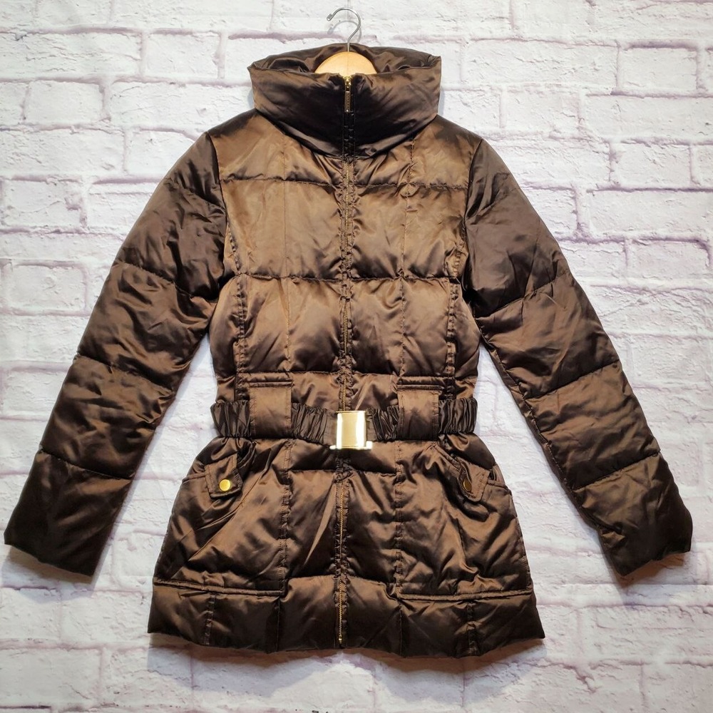 Laundry By‎ Shelli Segal Down Feather Puffer Jacket Womens Medium Brown Belted